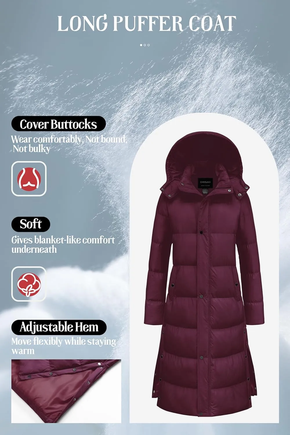 Chrisuno Women's Long Winter Coat Warm Windproof Quilted Puffer Jacket Thicken Puffy Parka With Hood