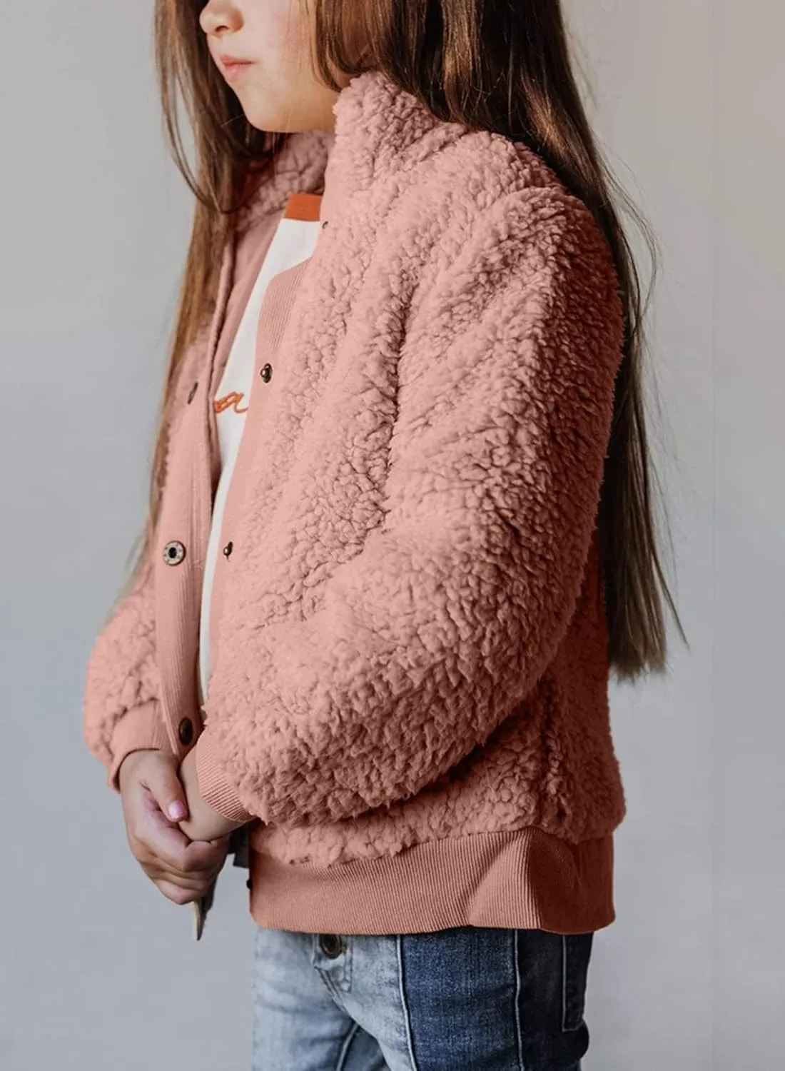 Ecokauer Girls Faux Fur Buttoned Sherpa Fleece Jackets Lightweight Winter Coats Warm Outwear