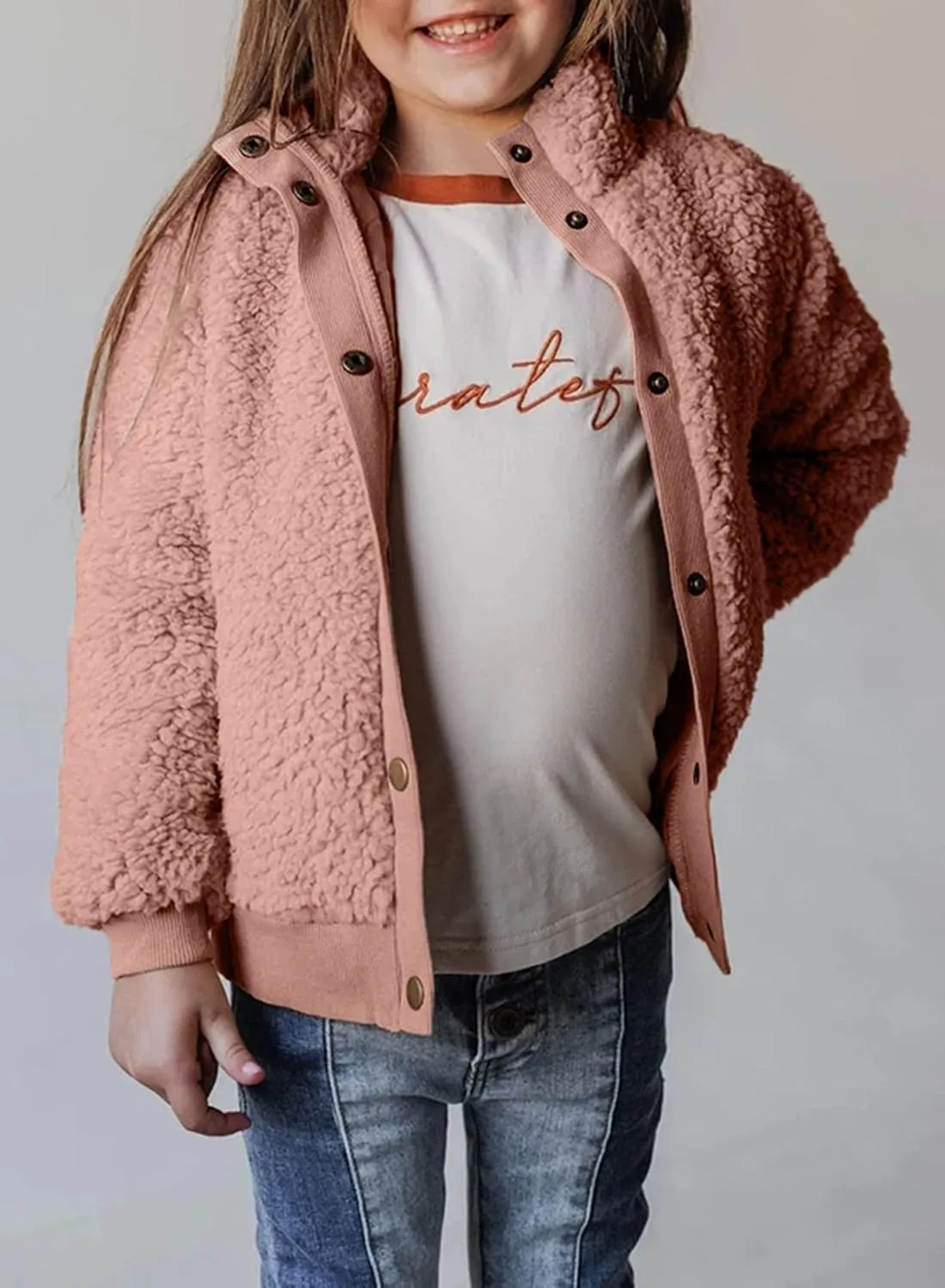 Ecokauer Girls Faux Fur Buttoned Sherpa Fleece Jackets Lightweight Winter Coats Warm Outwear