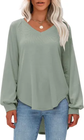 EXLURA Womens Spring Oversized V Neck Tunic Tops 2025 Casual Long Sleeve Shirts Lightweight Soft Sweater Curved Hem T Shirts