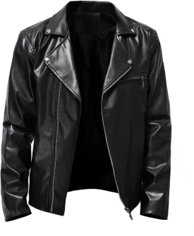 Fall Men Faux Leather Zip Up Jacket Stand Collar Leather Motorcycle Jacket Lightweight Bomber Outwear PU Coat with Pockets