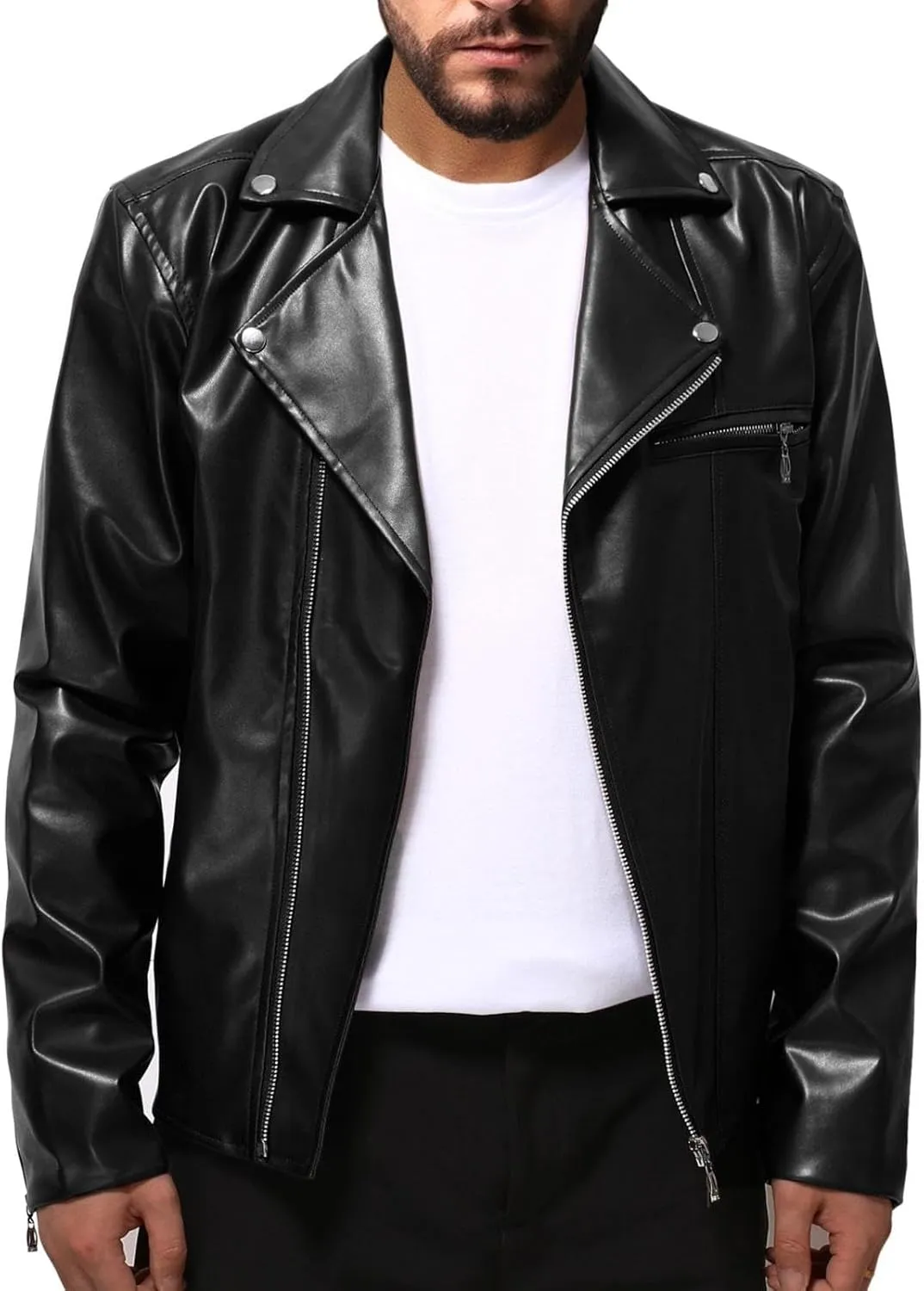 Fall Men Faux Leather Zip Up Jacket Stand Collar Leather Motorcycle Jacket Lightweight Bomber Outwear PU Coat with Pockets