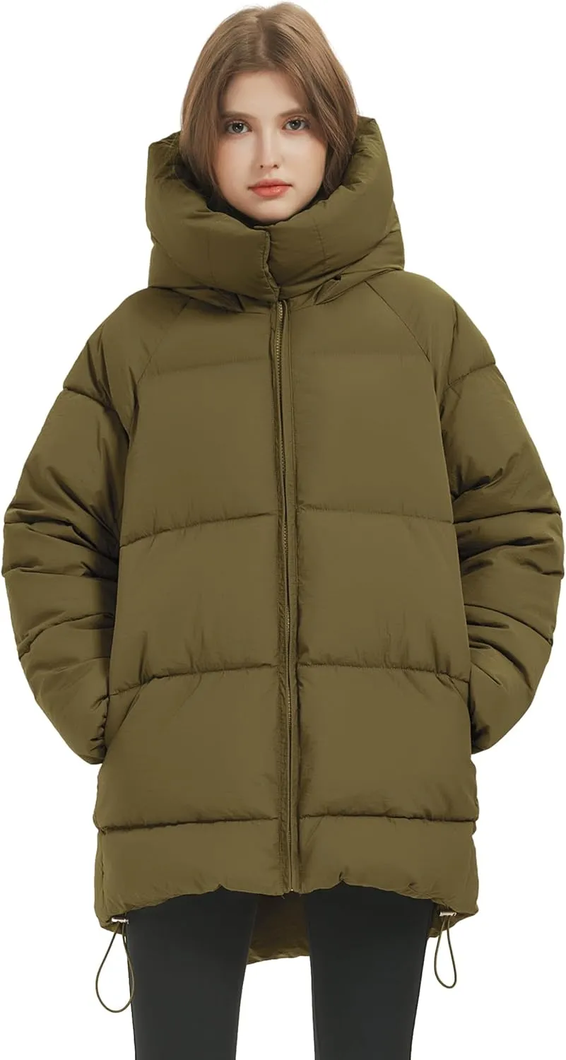 Flygo Womens Hooded Quilted Puffer Jacket Mid-Length Padded Warm Winter Heavyweight Coat Outerwear
