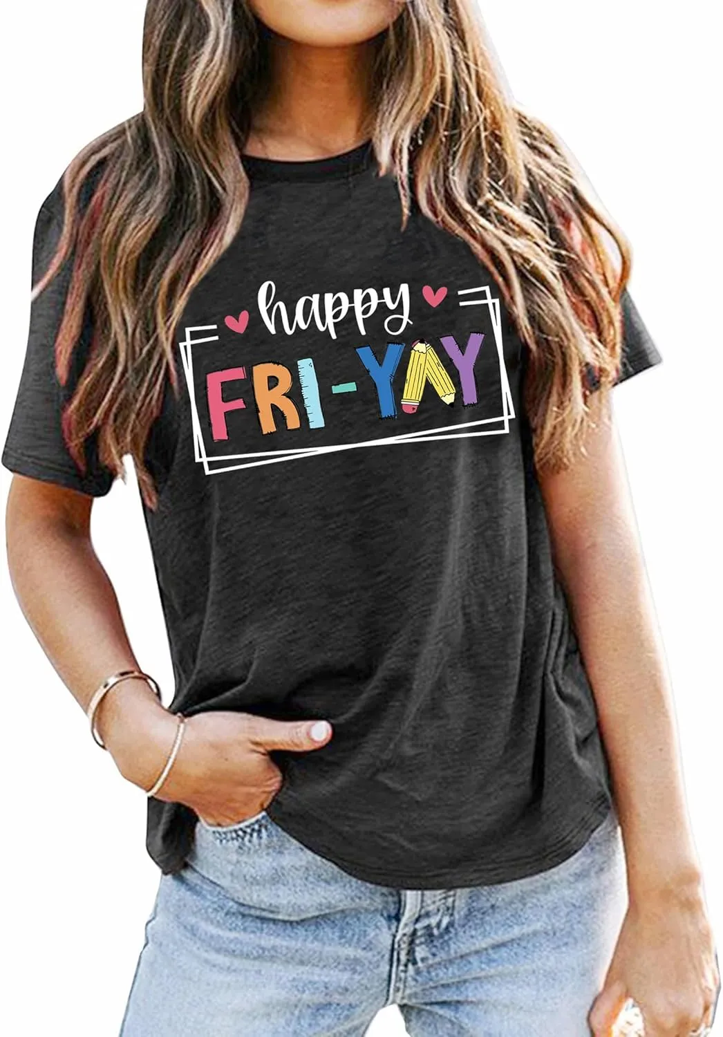 Funny Friday Shirts for Women Happy Fri Yay T-Shirts Appreciation Teacher Gift Tee Tops Weekend Holiday Blouse