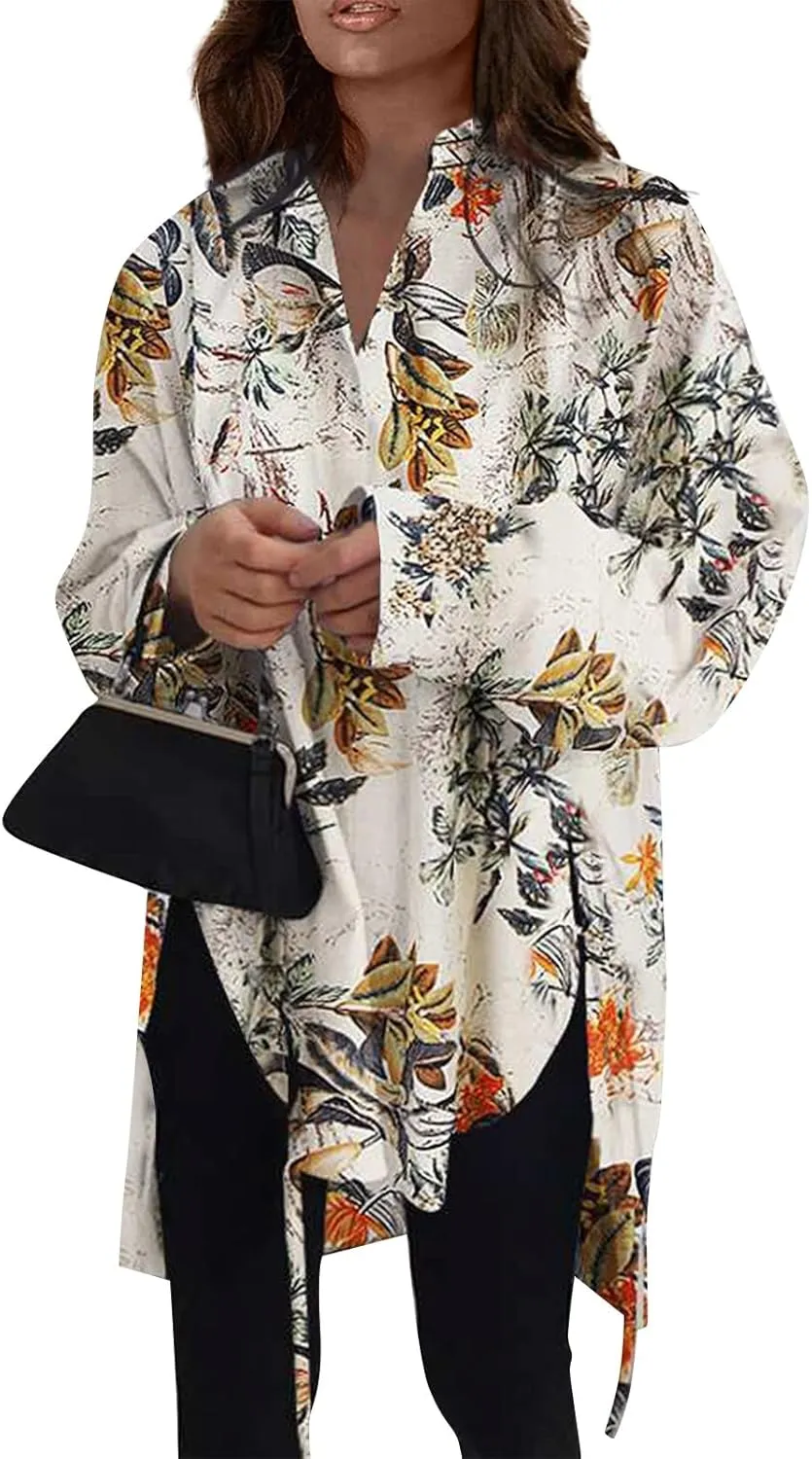 Generic Womens Long Sleeve Blouses Fashion Casual Solid/Printed Blouses & Button-Down Shirts Lapel Loose Type Womens Tops