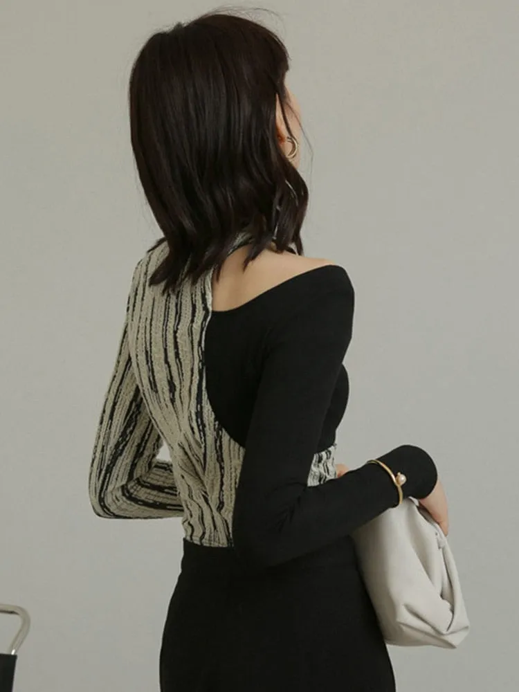Hit Color Casual T Shirts For Women Round Neck Long Sleeve Slimming Hollow Out T Shirt Female Fashion Clothing