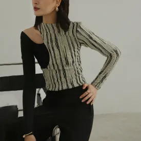 Hit Color Casual T Shirts For Women Round Neck Long Sleeve Slimming Hollow Out T Shirt Female Fashion Clothing
