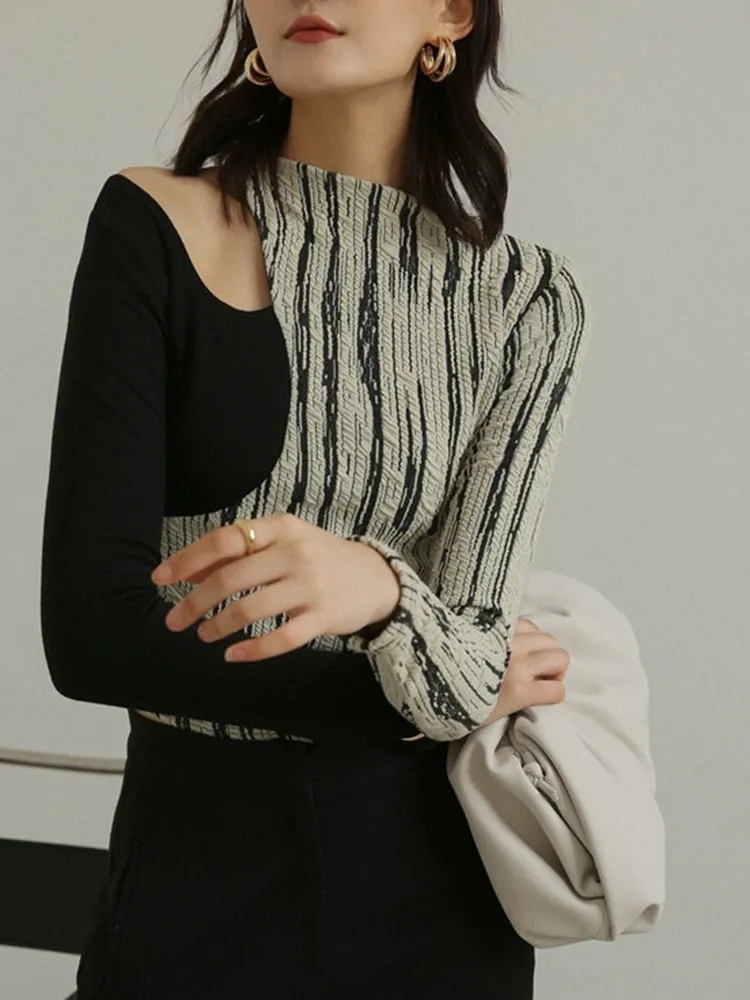 Hit Color Casual T Shirts For Women Round Neck Long Sleeve Slimming Hollow Out T Shirt Female Fashion Clothing