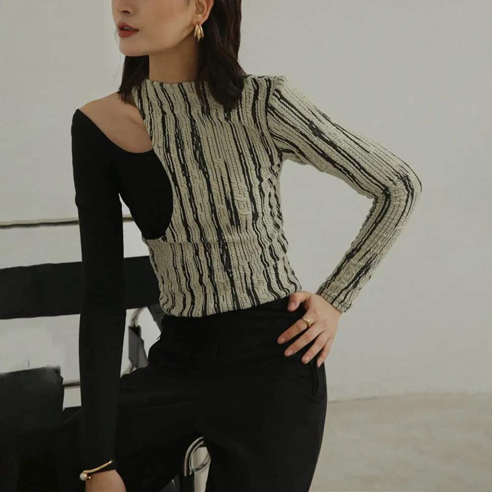 Hit Color Casual T Shirts For Women Round Neck Long Sleeve Slimming Hollow Out T Shirt Female Fashion Clothing