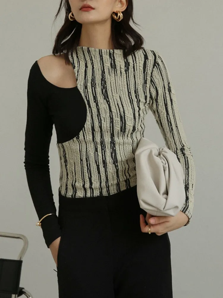 Hit Color Casual T Shirts For Women Round Neck Long Sleeve Slimming Hollow Out T Shirt Female Fashion Clothing