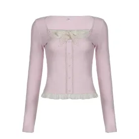Hotsweet Pink Slim Spring T-shirt Female Lace Patched Bow Korean Top Shirts Ruched Coquette Clothes Tee Contrast Cute