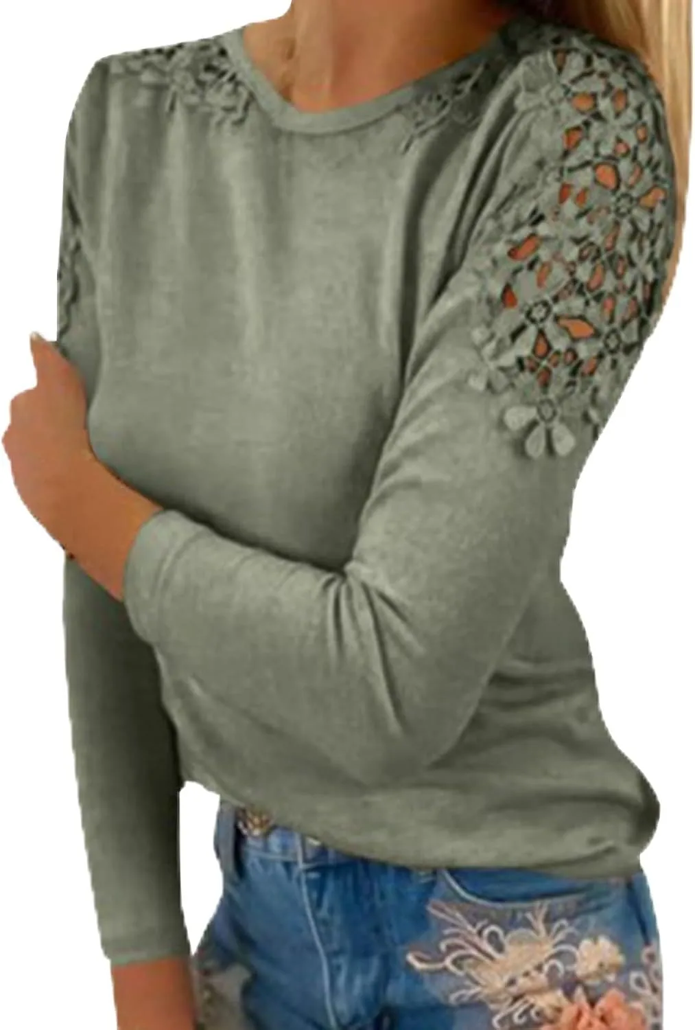 Lace Crochet Tops for Women Flowy Oversized Tshirts Ladies Long Sleeve Round Neck T-Shirt Loose Fit Blouse