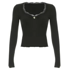 Lace Trim V Neck Long Sleeve Crop Tops Women 2024 Fall Winter Basic Casual Slim Fitted Black T Shirts P84-BA20