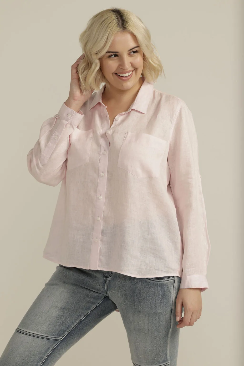 Linen Long Sleeve Pocket Shirt Pale Pink