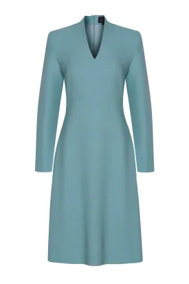 Long-Sleeve Dress with A-line Skirt in Petrol Faille - Emilia