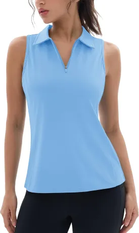 MAGCOMSEN Womens Golf Polo Shirts Sleeveless Racerback Zip Up UPF 50  Quick Dry Tennis Workout Athletic Tank Tops