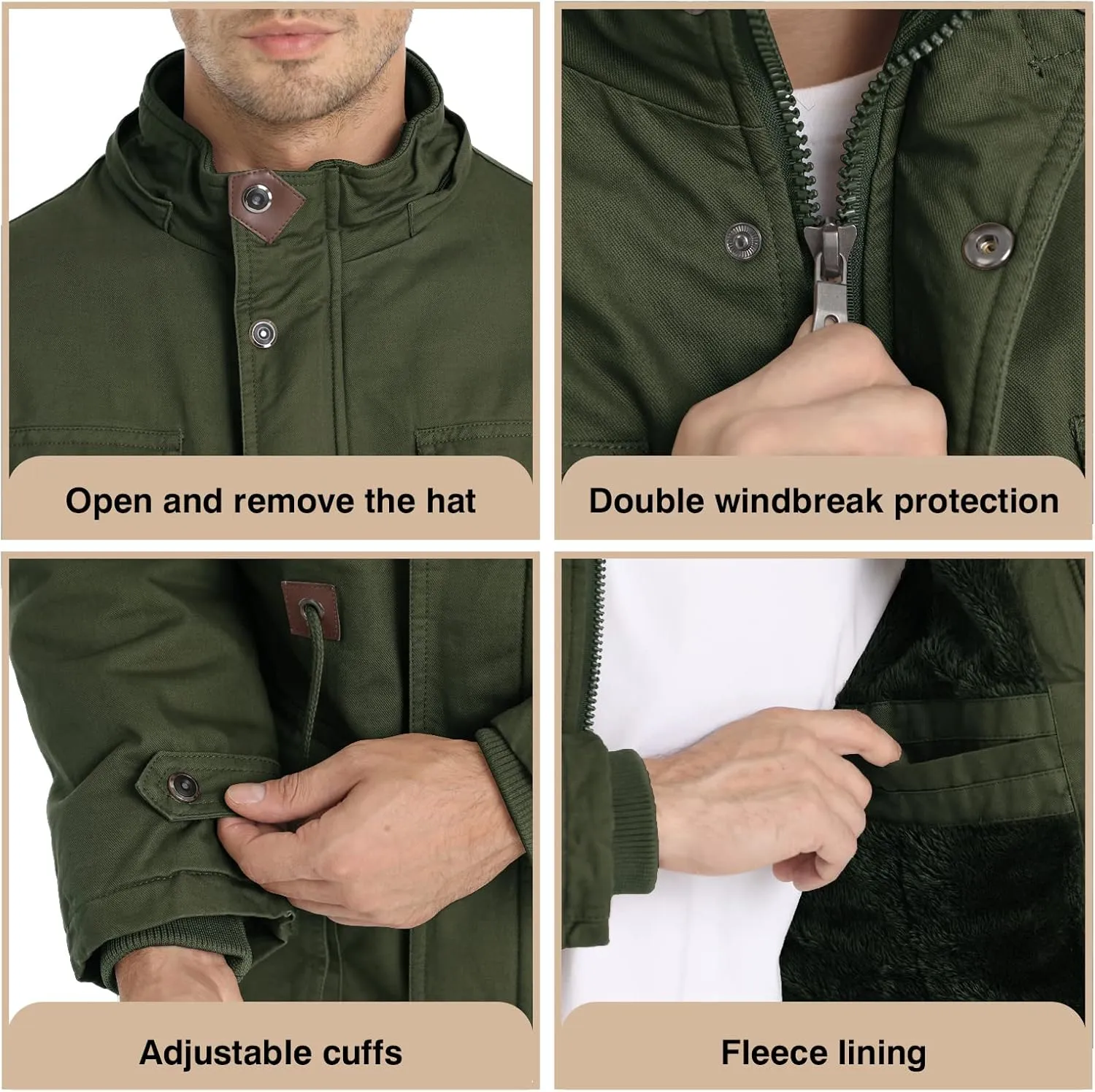 Men's Winter Jacket Military Jacket Fleece Lined Warm Cargo Jackets Removable Hood Cotton Work Coat