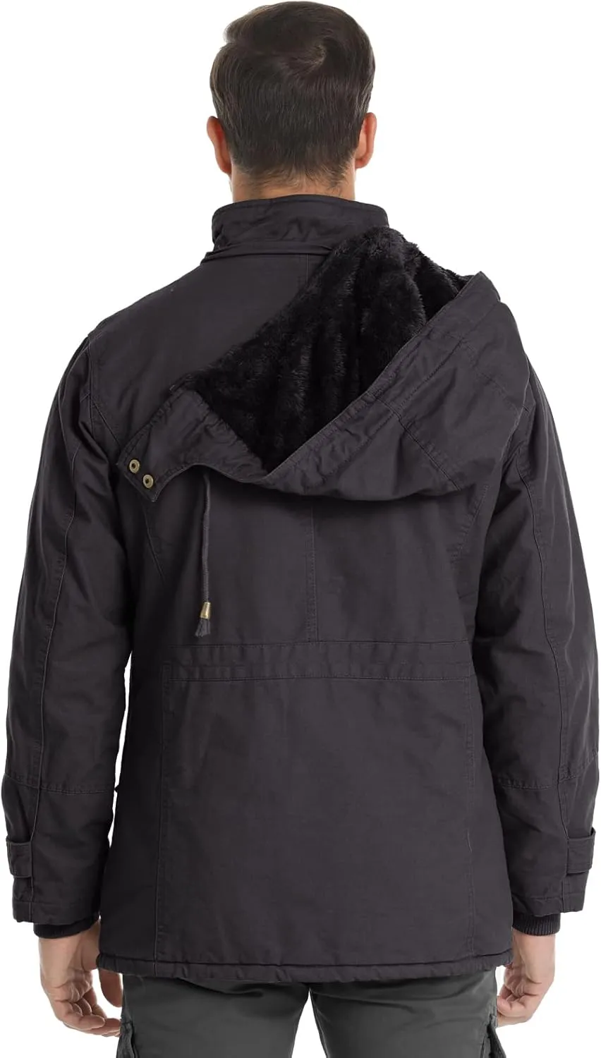 Men's Winter Jacket Military Jacket Fleece Lined Warm Cargo Jackets Removable Hood Cotton Work Coat