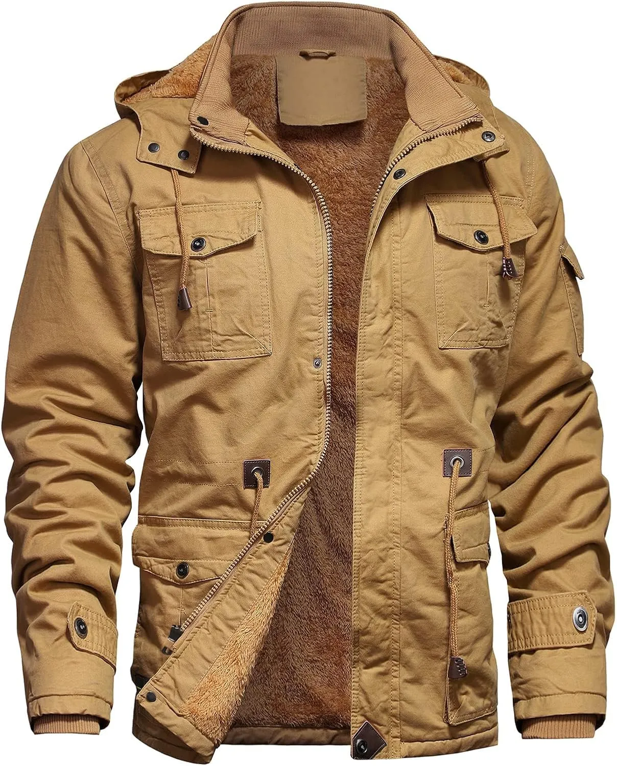 Men's Winter Jacket Military Jacket Fleece Lined Warm Cargo Jackets Removable Hood Cotton Work Coat