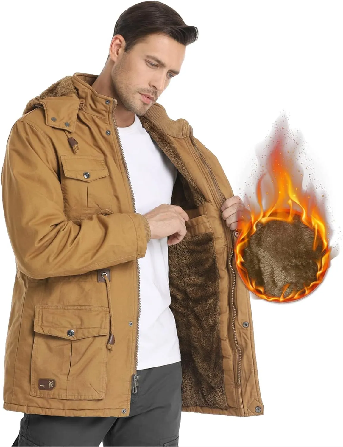 Men's Winter Jacket Military Jacket Fleece Lined Warm Cargo Jackets Removable Hood Cotton Work Coat