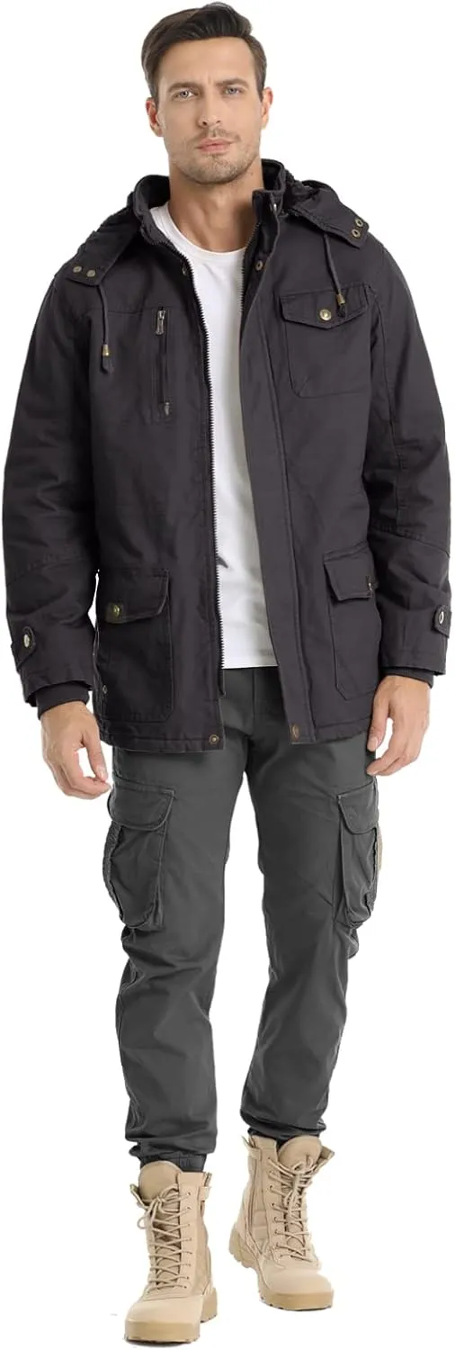 Men's Winter Jacket Military Jacket Fleece Lined Warm Cargo Jackets Removable Hood Cotton Work Coat
