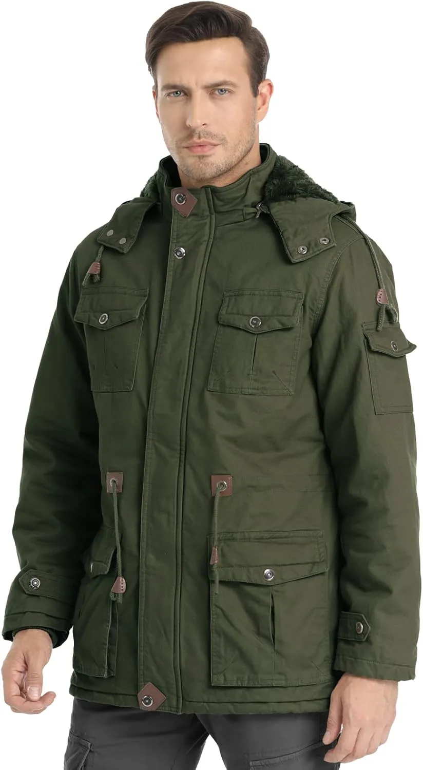 Men's Winter Jacket Military Jacket Fleece Lined Warm Cargo Jackets Removable Hood Cotton Work Coat