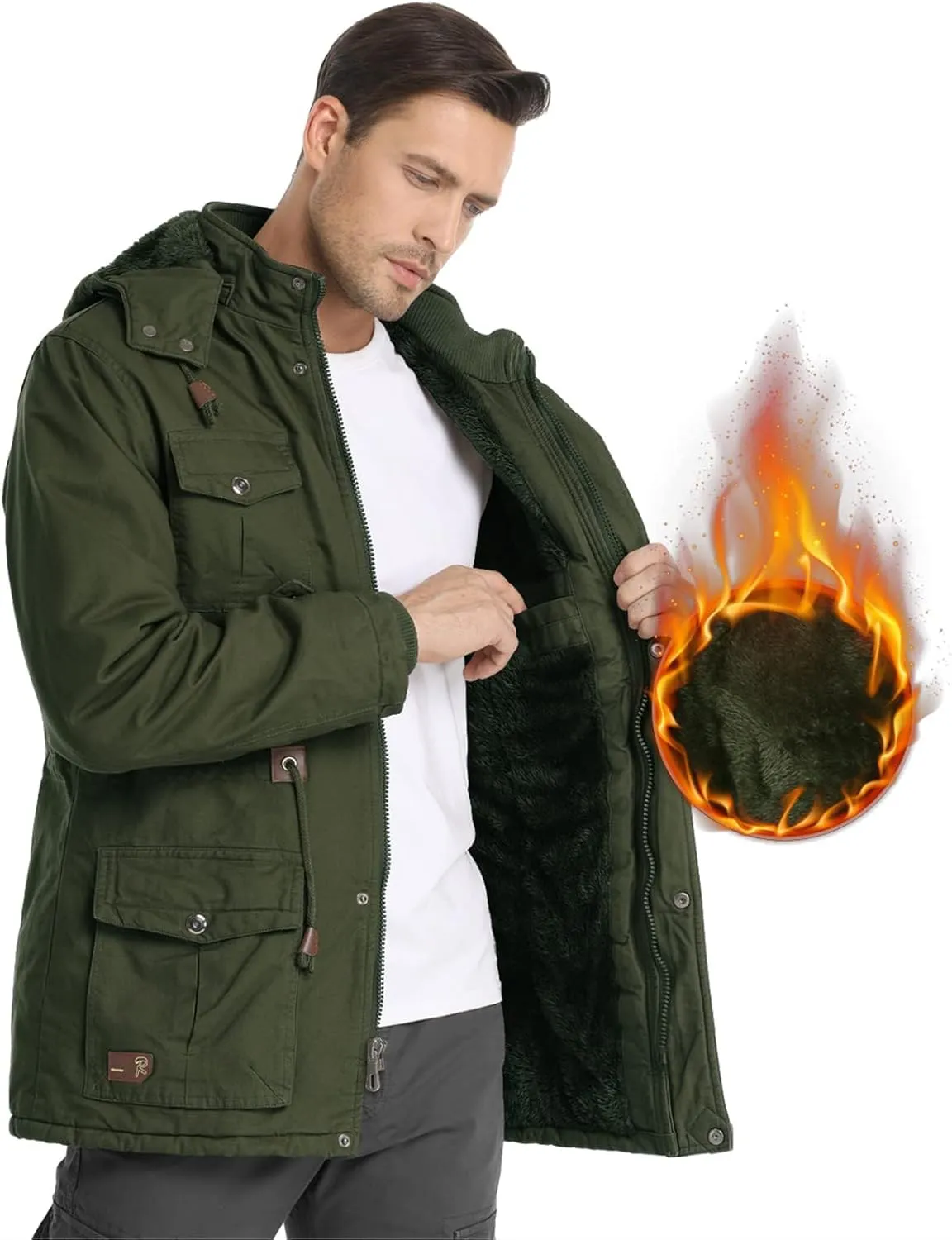 Men's Winter Jacket Military Jacket Fleece Lined Warm Cargo Jackets Removable Hood Cotton Work Coat