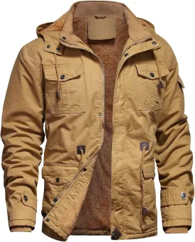 Men's Winter Jacket Military Jacket Fleece Lined Warm Cargo Jackets Removable Hood Cotton Work Coat