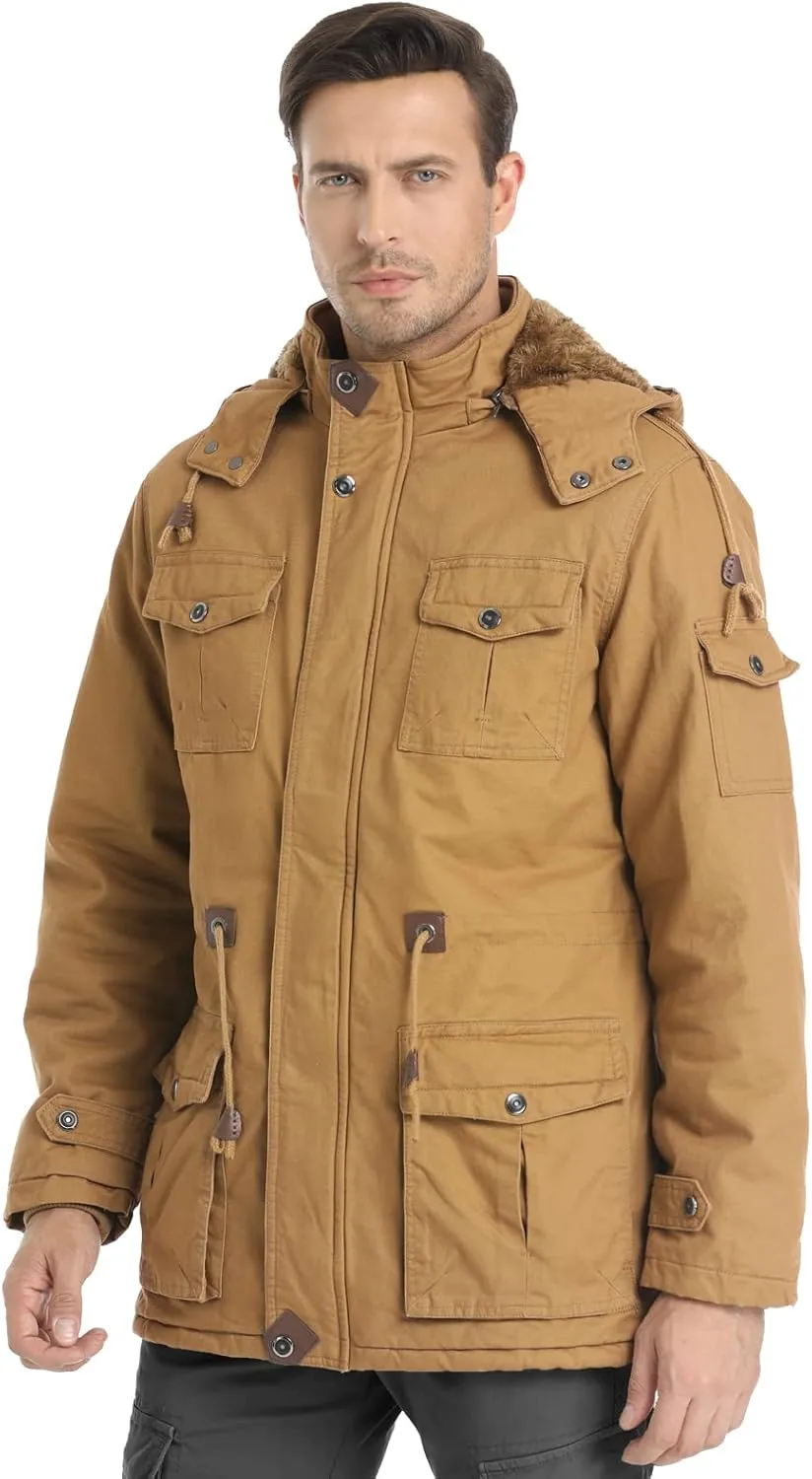 Men's Winter Jacket Military Jacket Fleece Lined Warm Cargo Jackets Removable Hood Cotton Work Coat