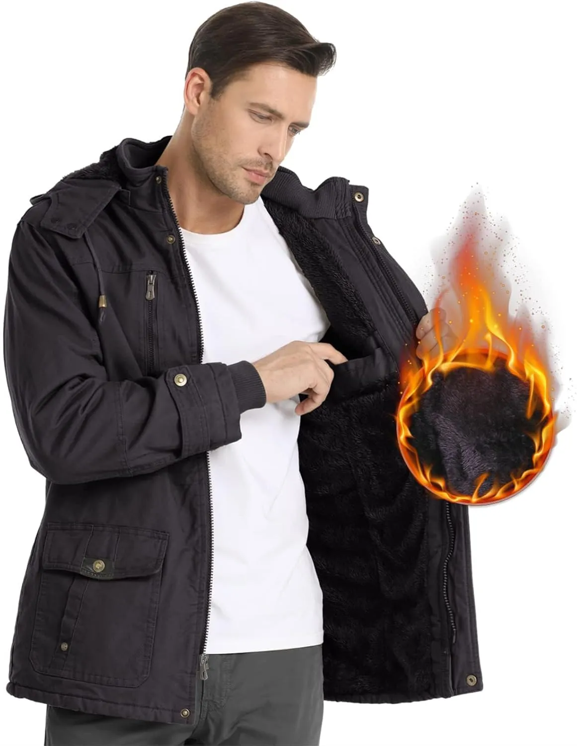 Men's Winter Jacket Military Jacket Fleece Lined Warm Cargo Jackets Removable Hood Cotton Work Coat