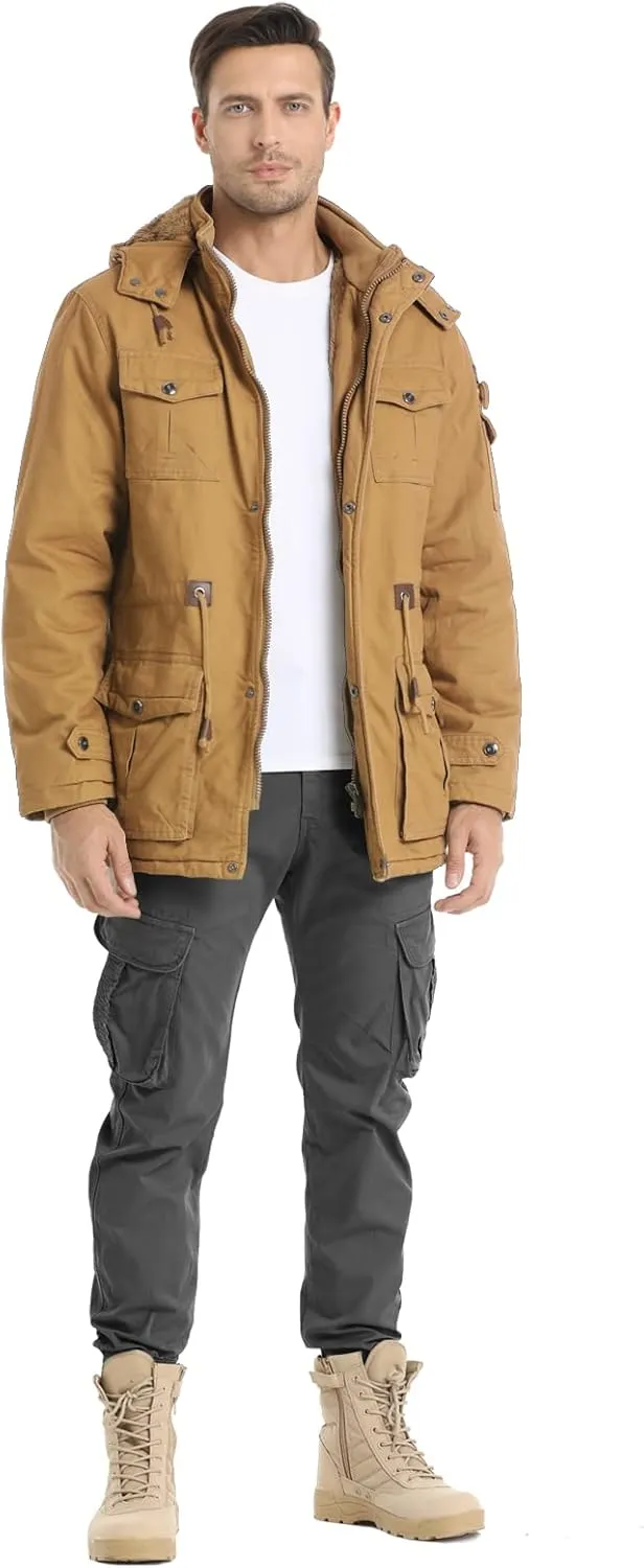 Men's Winter Jacket Military Jacket Fleece Lined Warm Cargo Jackets Removable Hood Cotton Work Coat