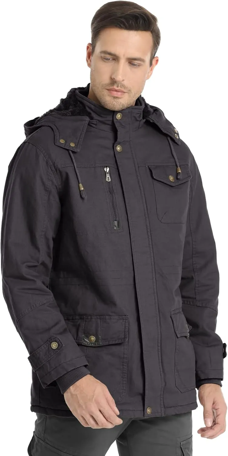 Men's Winter Jacket Military Jacket Fleece Lined Warm Cargo Jackets Removable Hood Cotton Work Coat