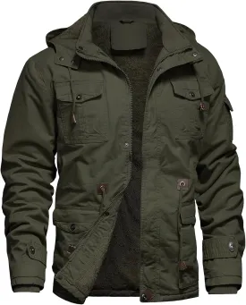 Men's Winter Jacket Military Jacket Fleece Lined Warm Cargo Jackets Removable Hood Cotton Work Coat