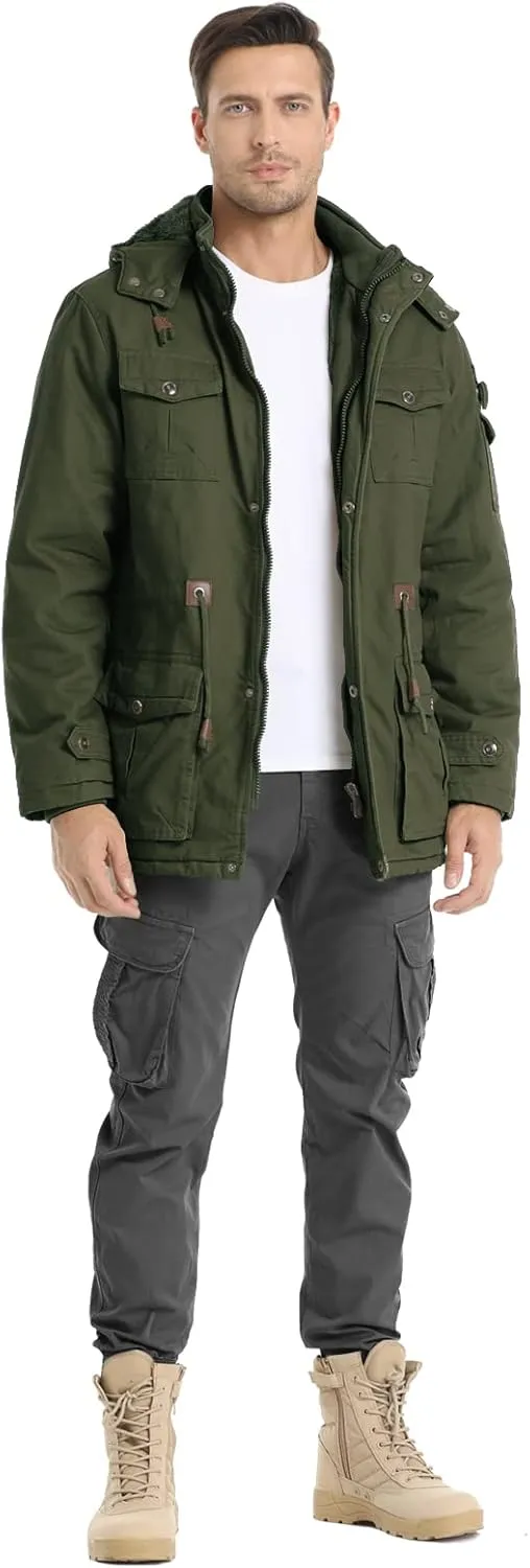 Men's Winter Jacket Military Jacket Fleece Lined Warm Cargo Jackets Removable Hood Cotton Work Coat