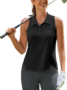 PINSPARK Women's Golf Shirt UPF 50  Sleeveless Tennis Polo V Neck Workout Tank Top Racerback Athletic T Shirts with Collar