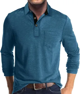 PrettyGuide Men's Long Sleeve Polo Shirts Lightweight Casual Button Polo T Shirt Basic Golf Shirt with Pocket