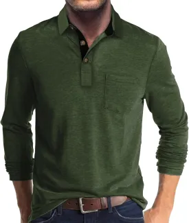 PrettyGuide Men's Long Sleeve Polo Shirts Lightweight Casual Button Polo T Shirt Basic Golf Shirt with Pocket
