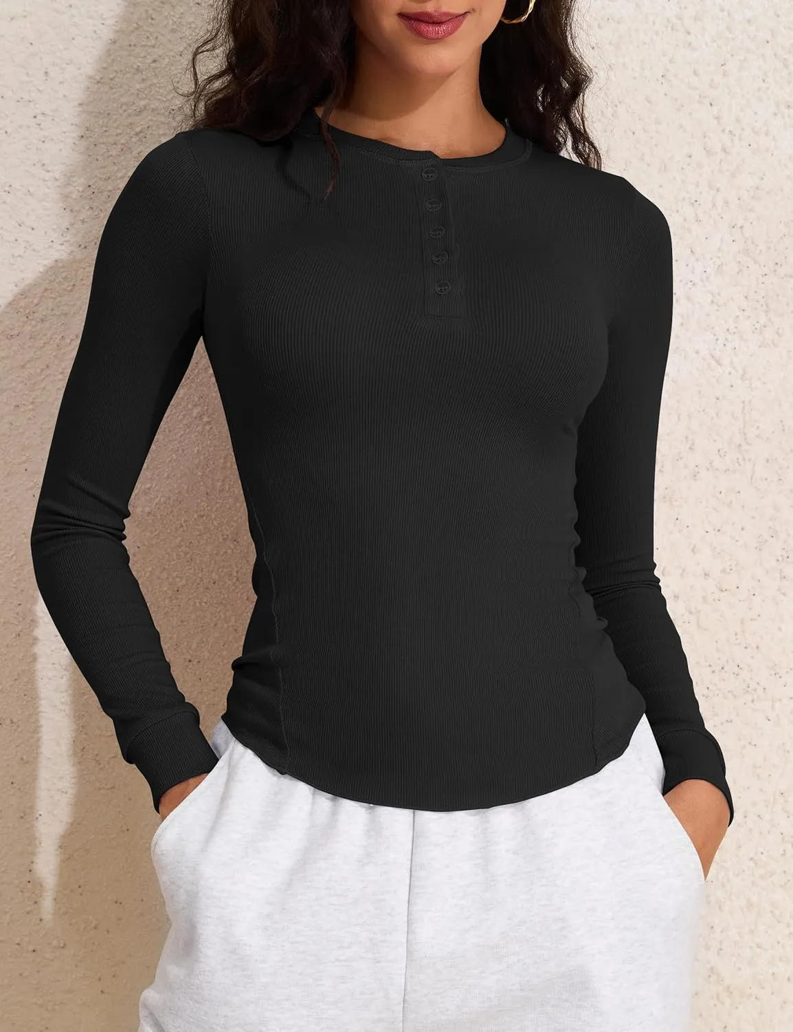 PrettyGuide Women's Long Sleeve Henley Shirt Fitted Ribbed Knit Stretchy Casual T Shirts Layering Basic Tops