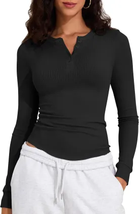 PrettyGuide Women's Long Sleeve Henley Shirt Fitted Ribbed Knit Stretchy Casual T Shirts Layering Basic Tops