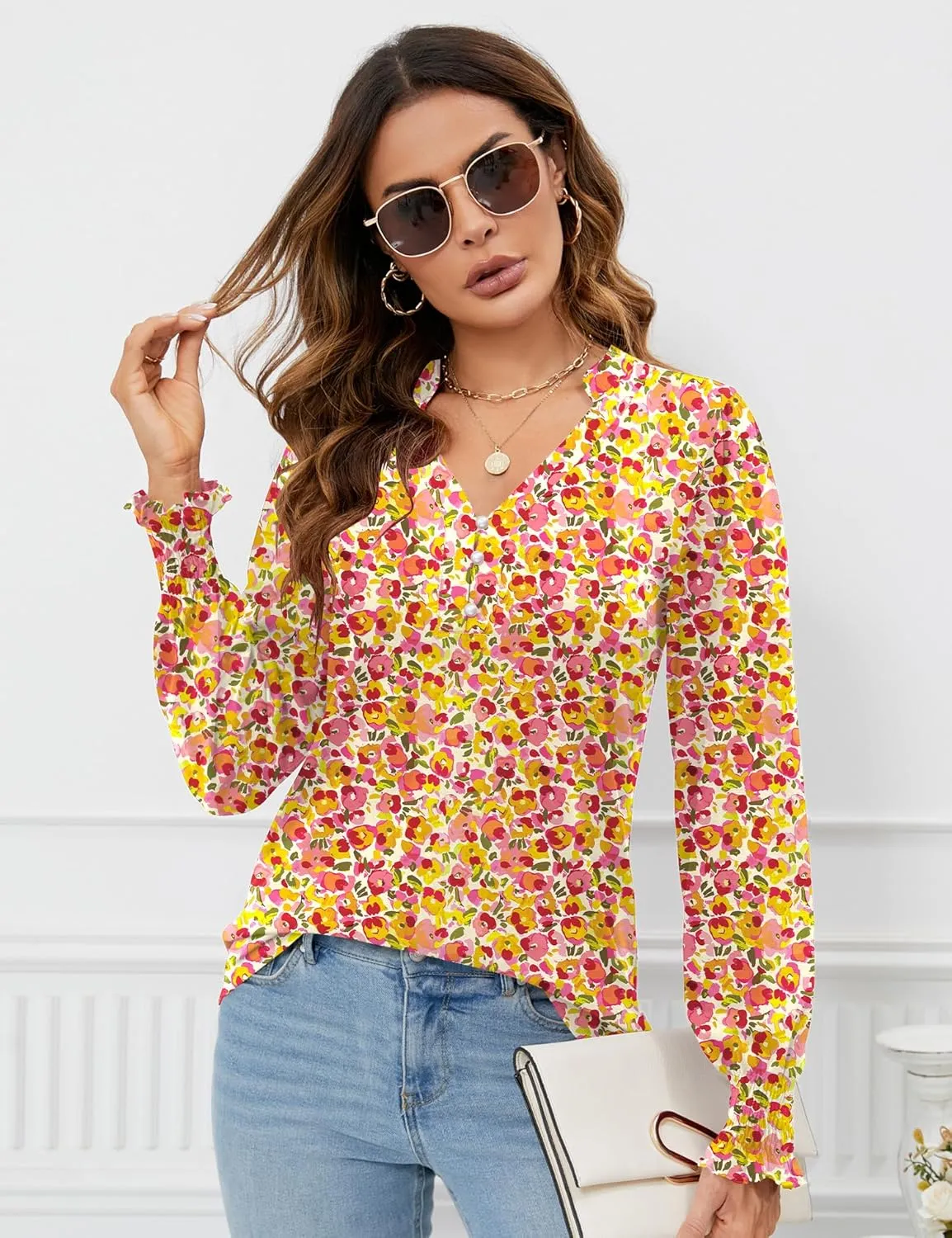Rapbin Womens V Neck Puff Long Sleeve Button Down Tunic Blouses Fall Tops 2025 Ruffle Cuffs Dressy Casual T-Shirts