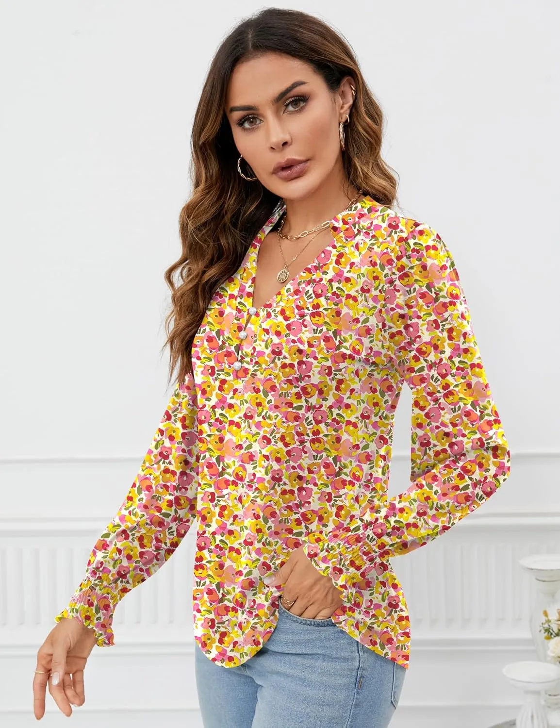 Rapbin Womens V Neck Puff Long Sleeve Button Down Tunic Blouses Fall Tops 2025 Ruffle Cuffs Dressy Casual T-Shirts