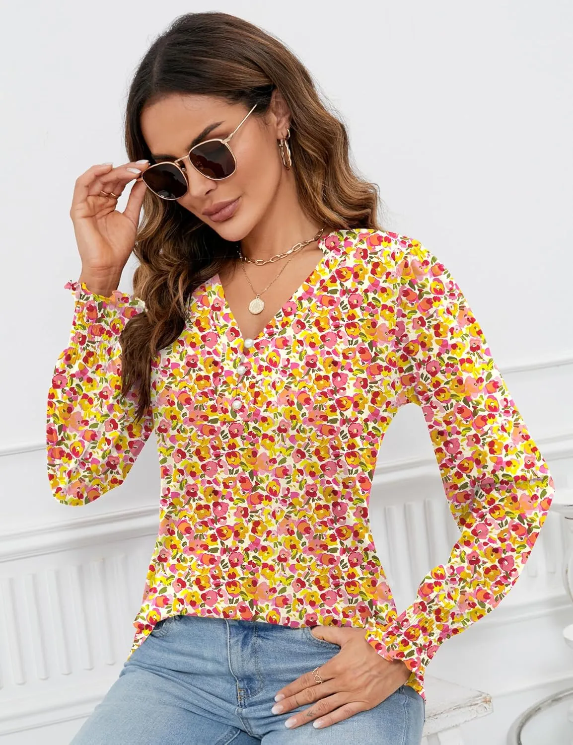 Rapbin Womens V Neck Puff Long Sleeve Button Down Tunic Blouses Fall Tops 2025 Ruffle Cuffs Dressy Casual T-Shirts