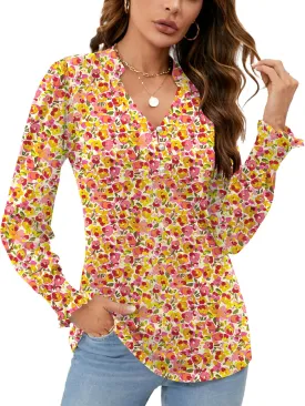 Rapbin Womens V Neck Puff Long Sleeve Button Down Tunic Blouses Fall Tops 2025 Ruffle Cuffs Dressy Casual T-Shirts