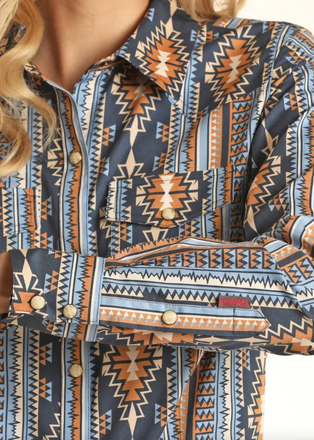 RRWSOSR0R1- Rock&Roll Denim Women’s Aztec Print LS Snap Shirt