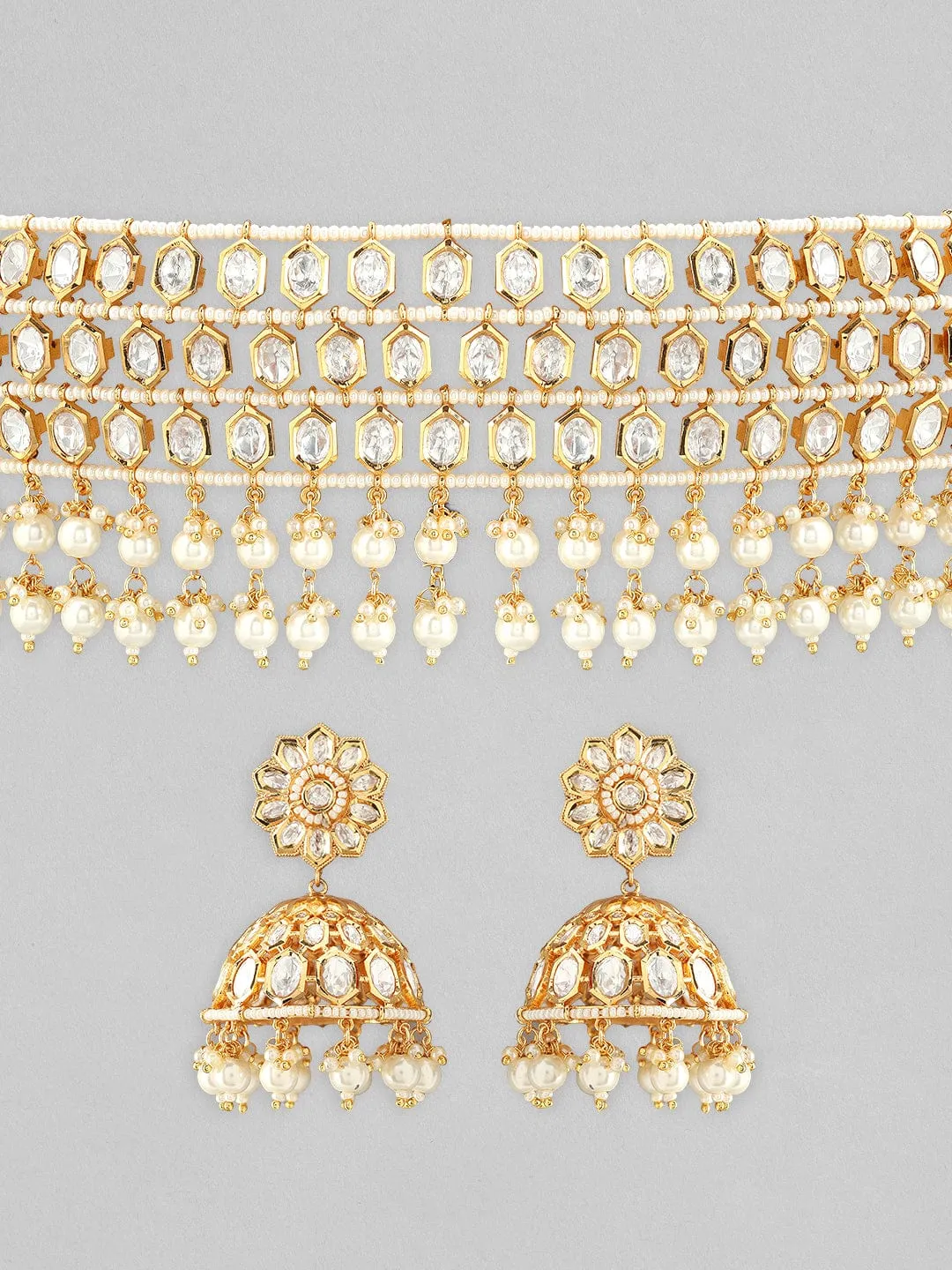 Rubans 22K Gold Plated kundan Necklace Set With Pearls