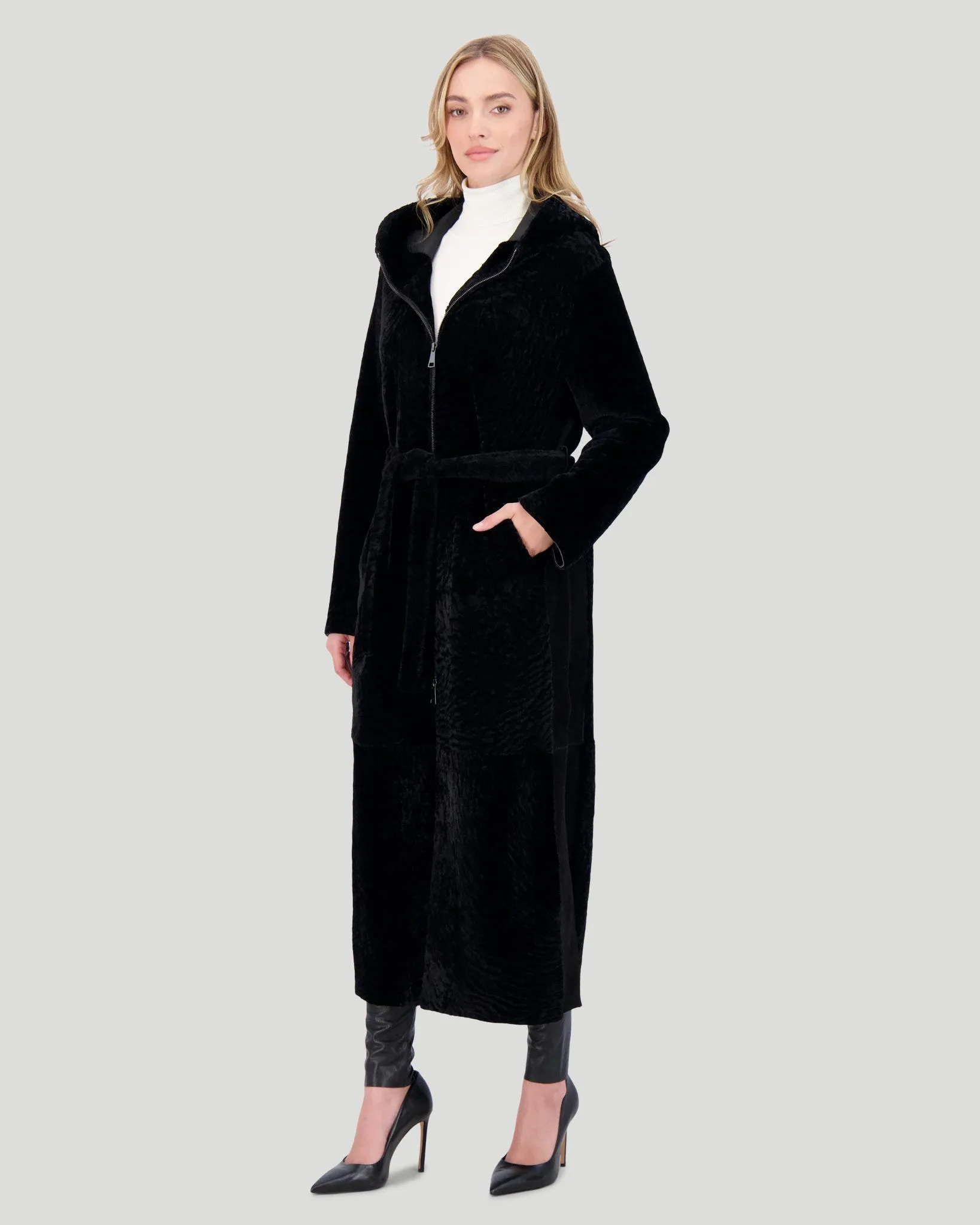 Select Shearling Lamb Zip Parka with Belt