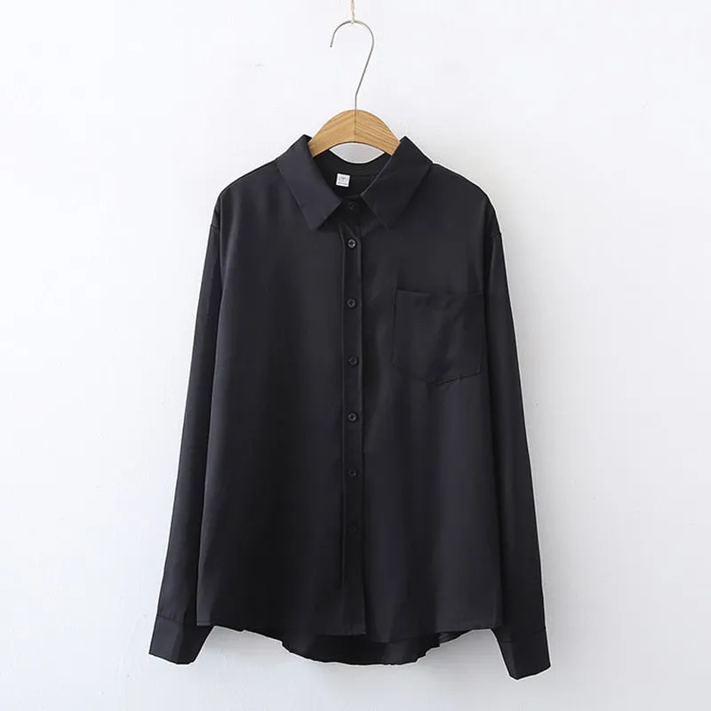 Simple Women Shirts Fashion Office Ladies Button Up Long Sleeve Shirts White Turn Down Collar Casual Solid White Korean Top