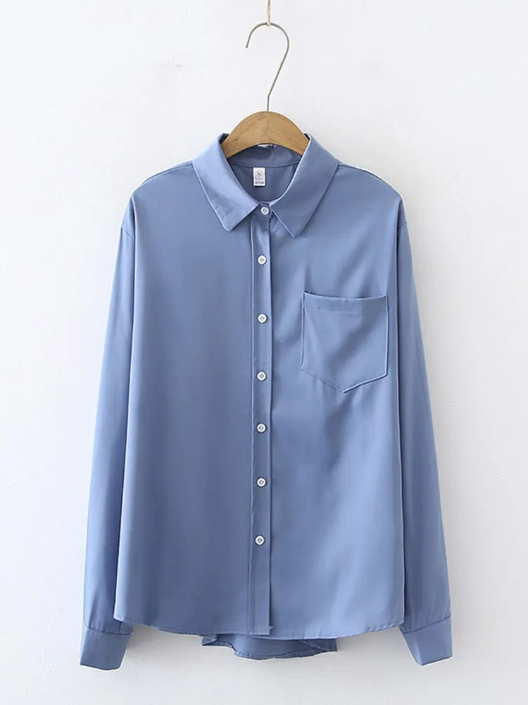 Simple Women Shirts Fashion Office Ladies Button Up Long Sleeve Shirts White Turn Down Collar Casual Solid White Korean Top