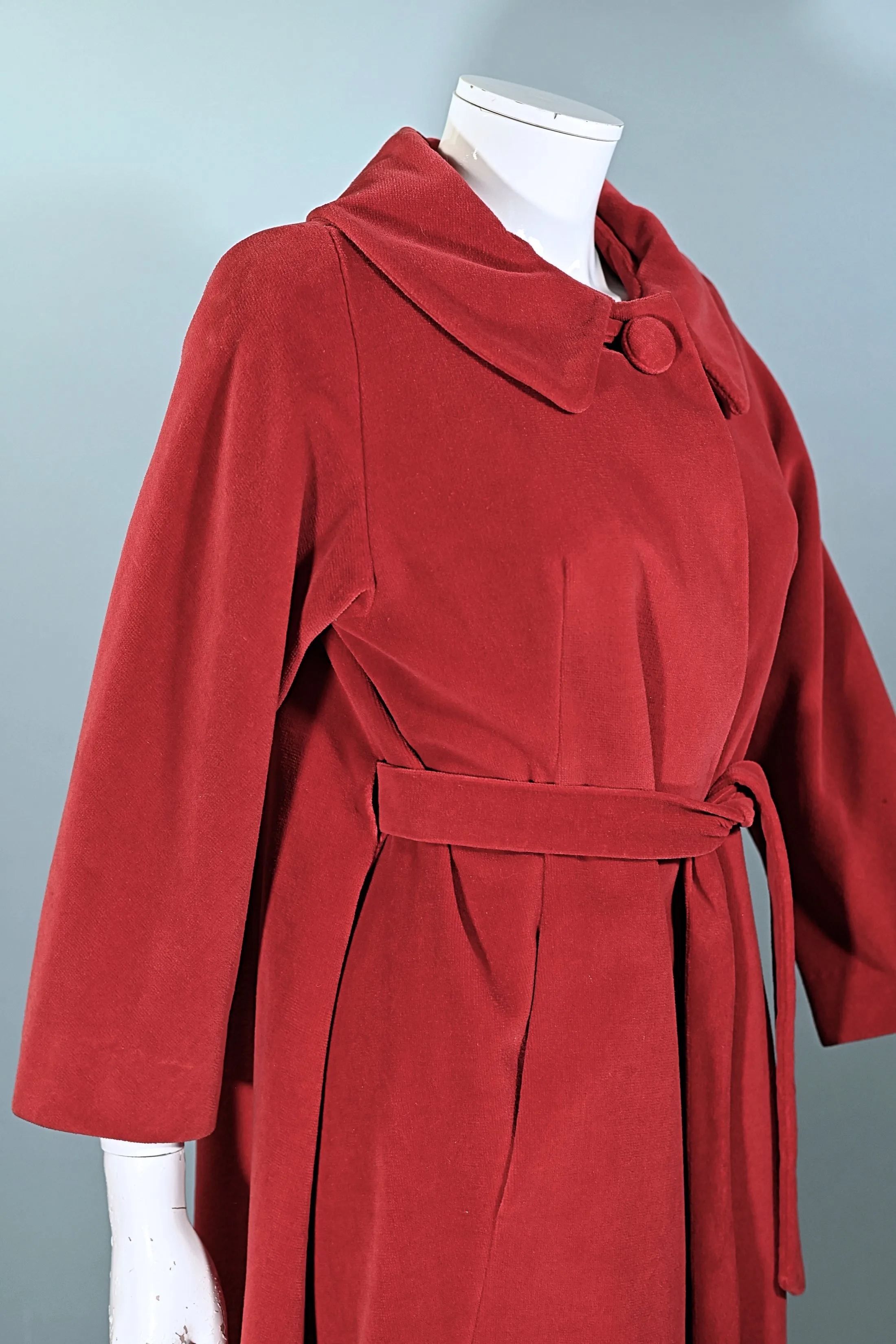 SOLD Vintage 60s Red Velvet Swing/Belted Overcoat S/M