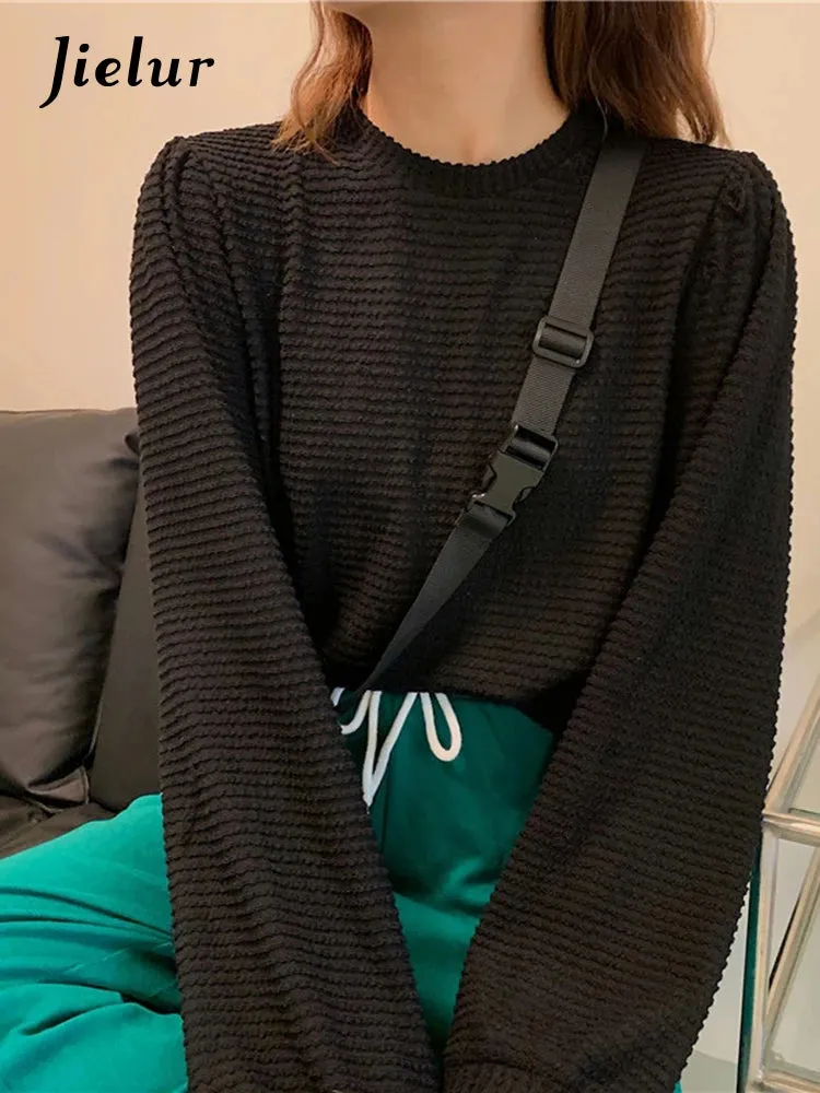 Solid Color All-match Long-sleeved T Shirt Women Round Collar Beige Female Tops  Spring Autumn Fashion Black T-shirts